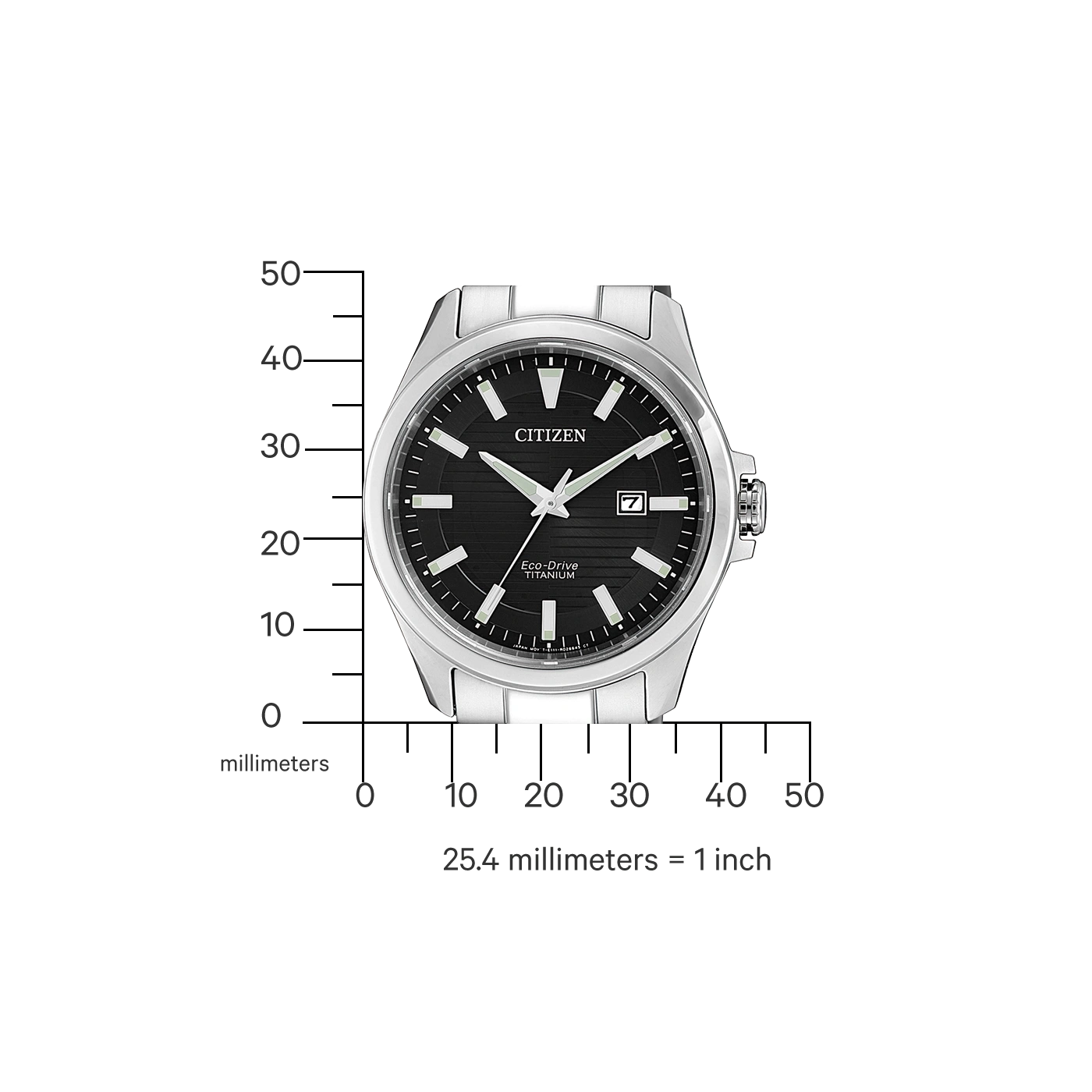 Citizen-Uhr mit schwarzem Zifferblatt, Titan, Eco-Drive und Datumsanzeige.