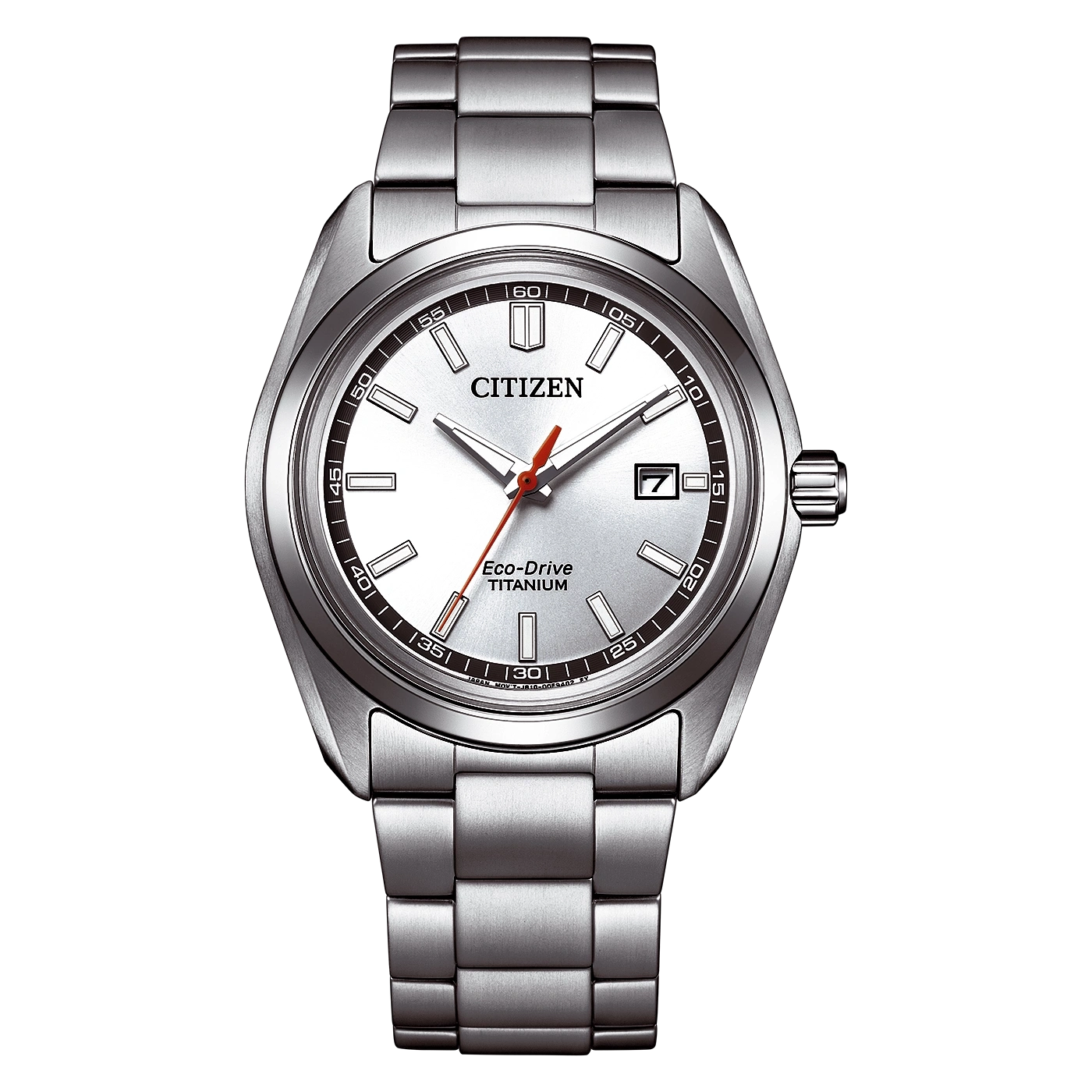 Eine silberne Citizen Eco-Drive Titanuhr mit weißem Zifferblatt.