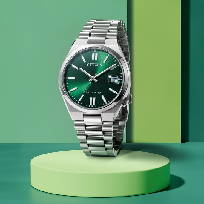 Citizen-Uhr mit grünem Zifferblatt und silbernem Armband auf grüner Plattform.