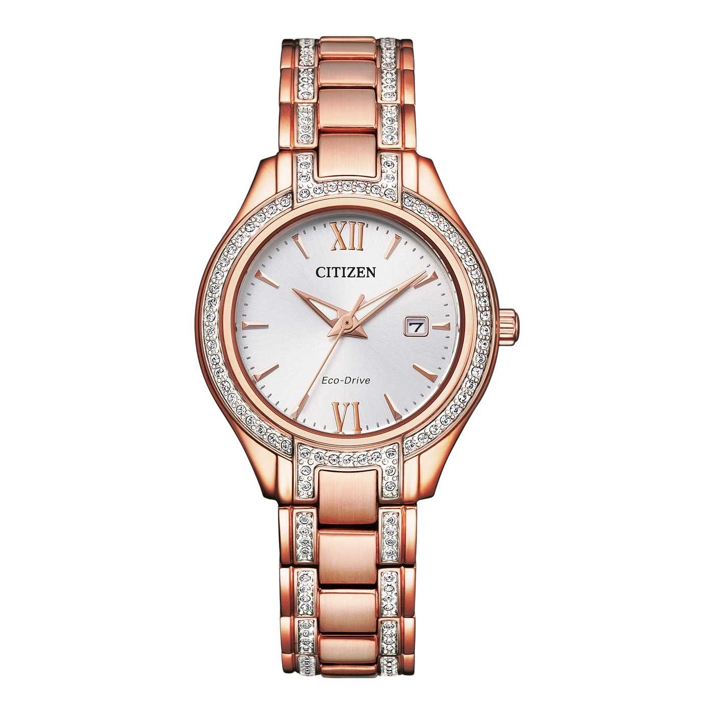 Roségoldene Citizen-Uhr mit Diamanten, Eco-Drive, römischen Ziffern und Datumsanzeige.