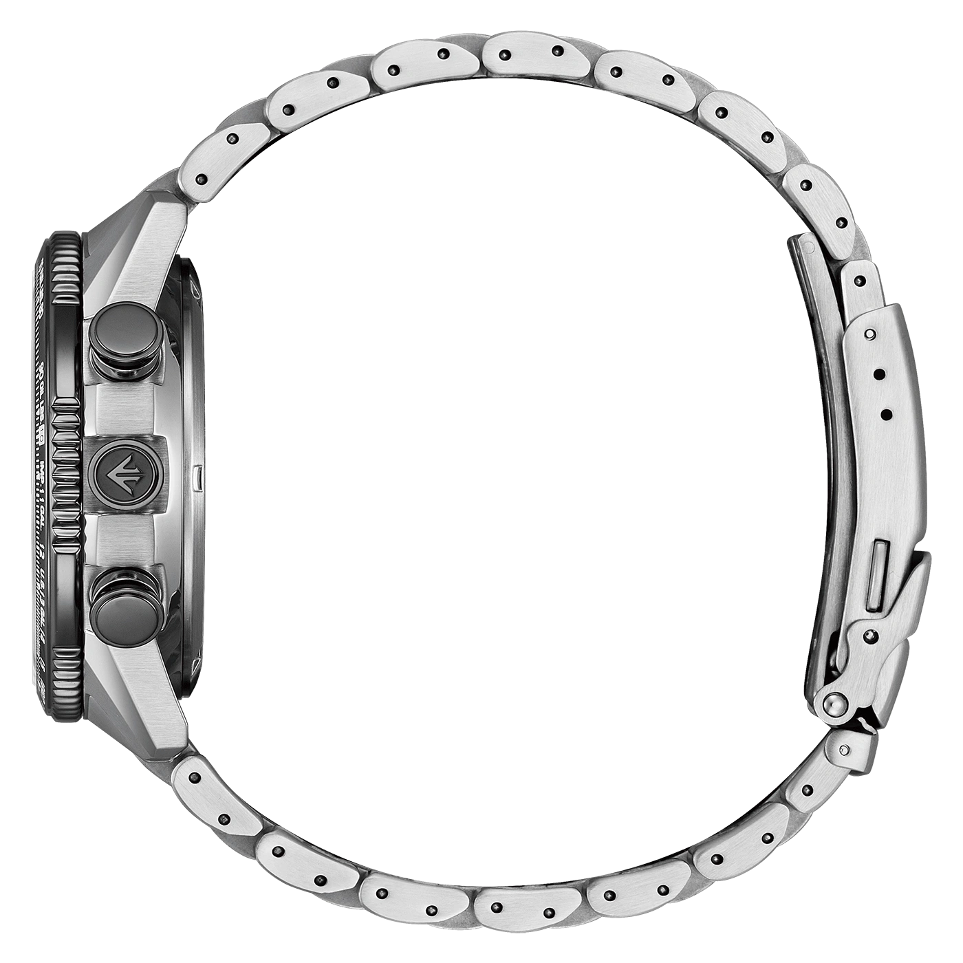 Seitenansicht einer silbernen Armbanduhr mit schwarzem Zifferblatt und Armband.