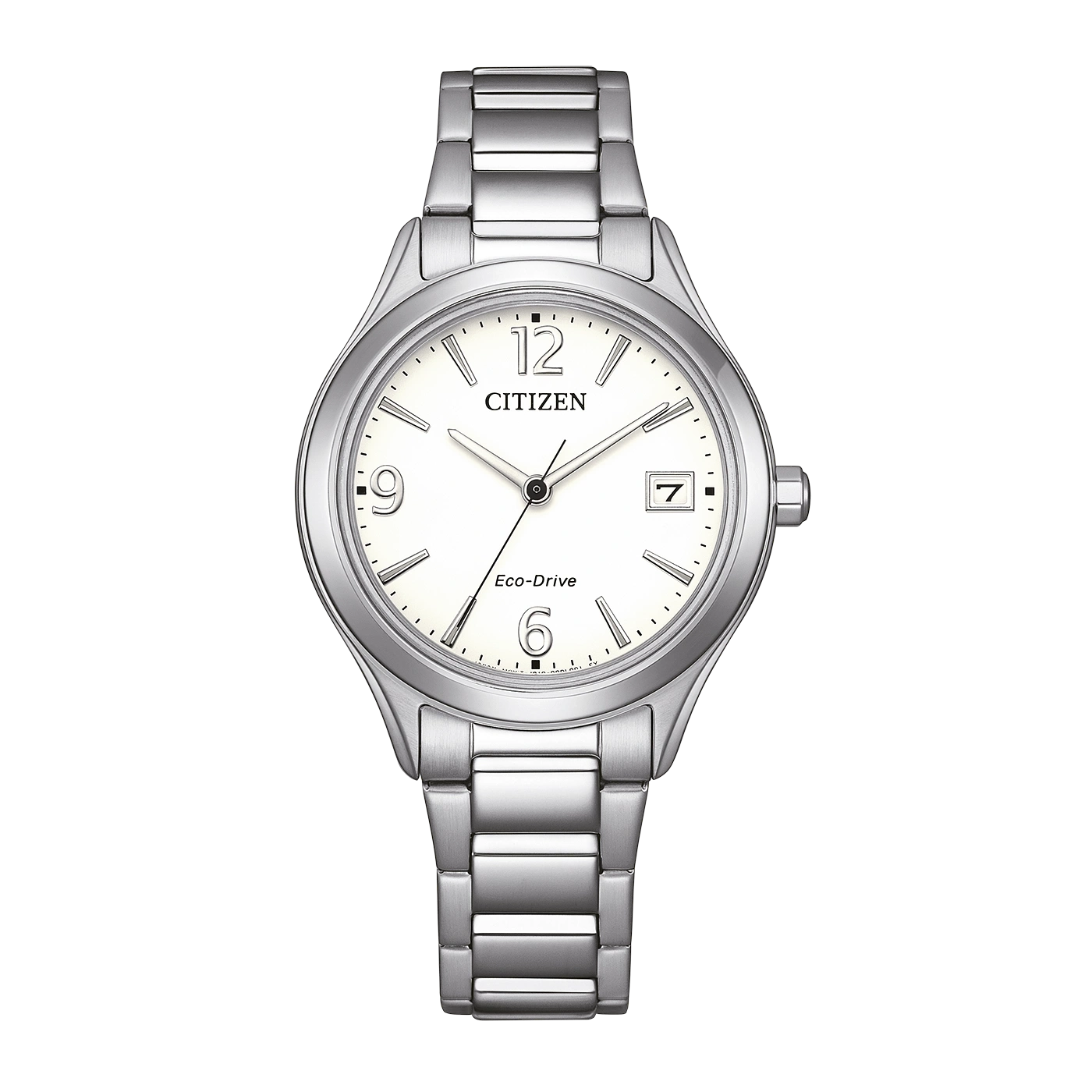 Eine Citizen Eco-Drive Uhr mit weißem Zifferblatt und silbernem Armband.