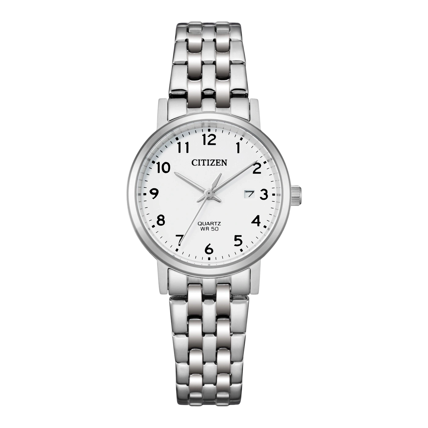 Citizen-Uhr mit weißem Zifferblatt und silbernem Armband, die die Zeit anzeigt.