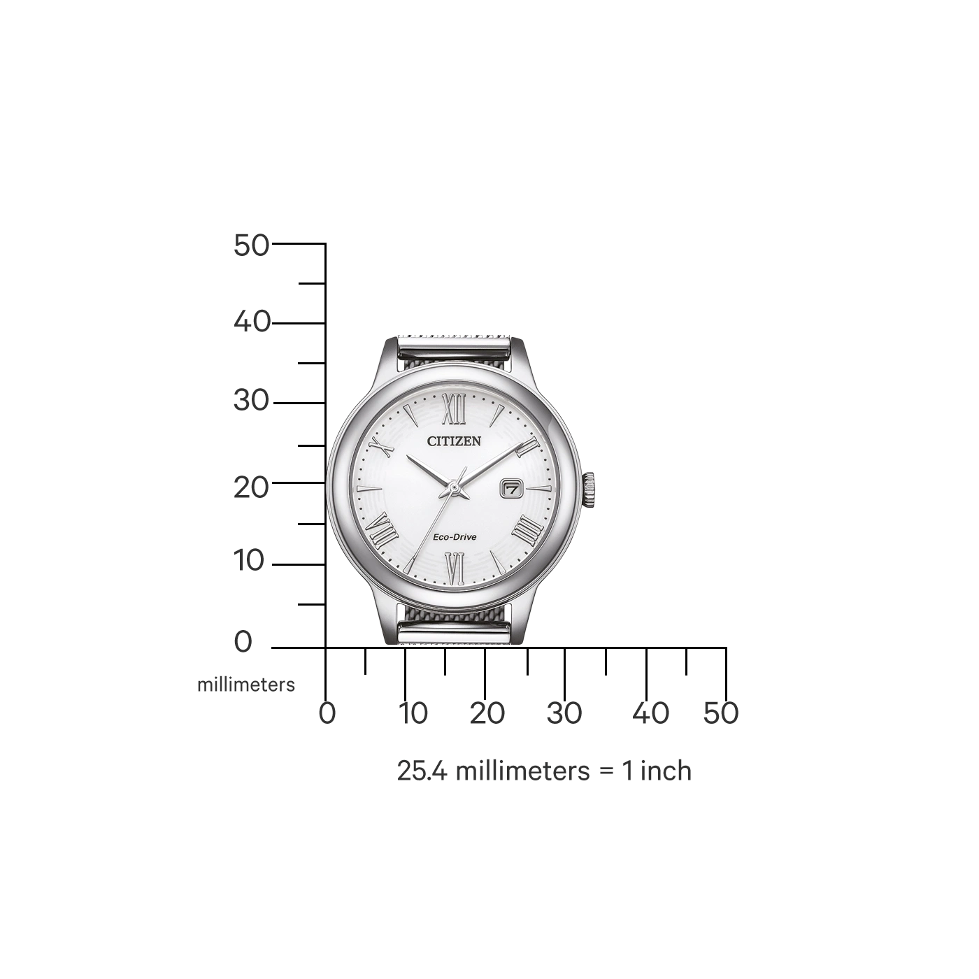 Citizen-Uhr mit weißem Zifferblatt, Messung in Millimetern, mit einer Skala von 25,4 Millimetern = 1 Zoll.