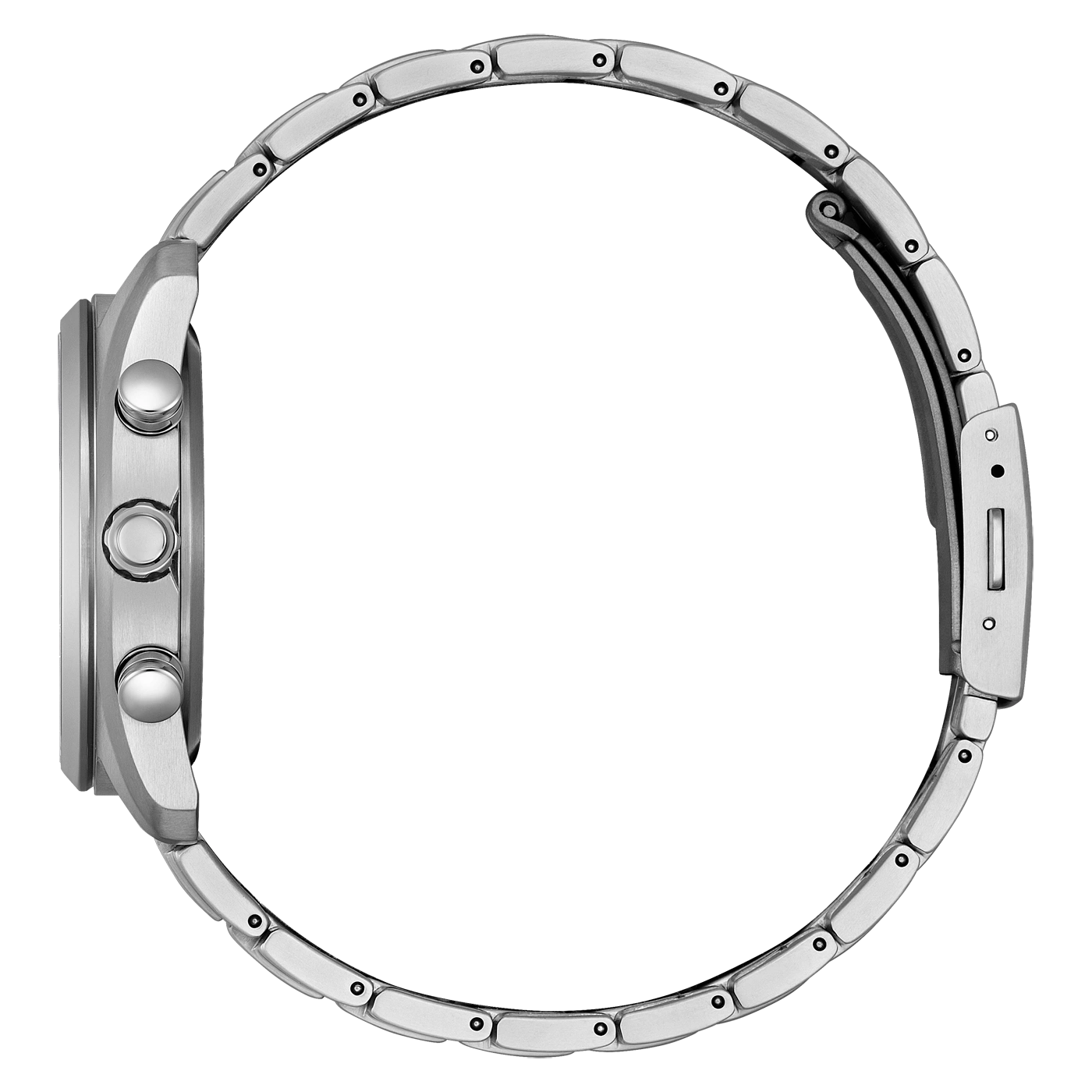 Seitenansicht einer silbernen Uhr mit Metallarmband und Knöpfen.