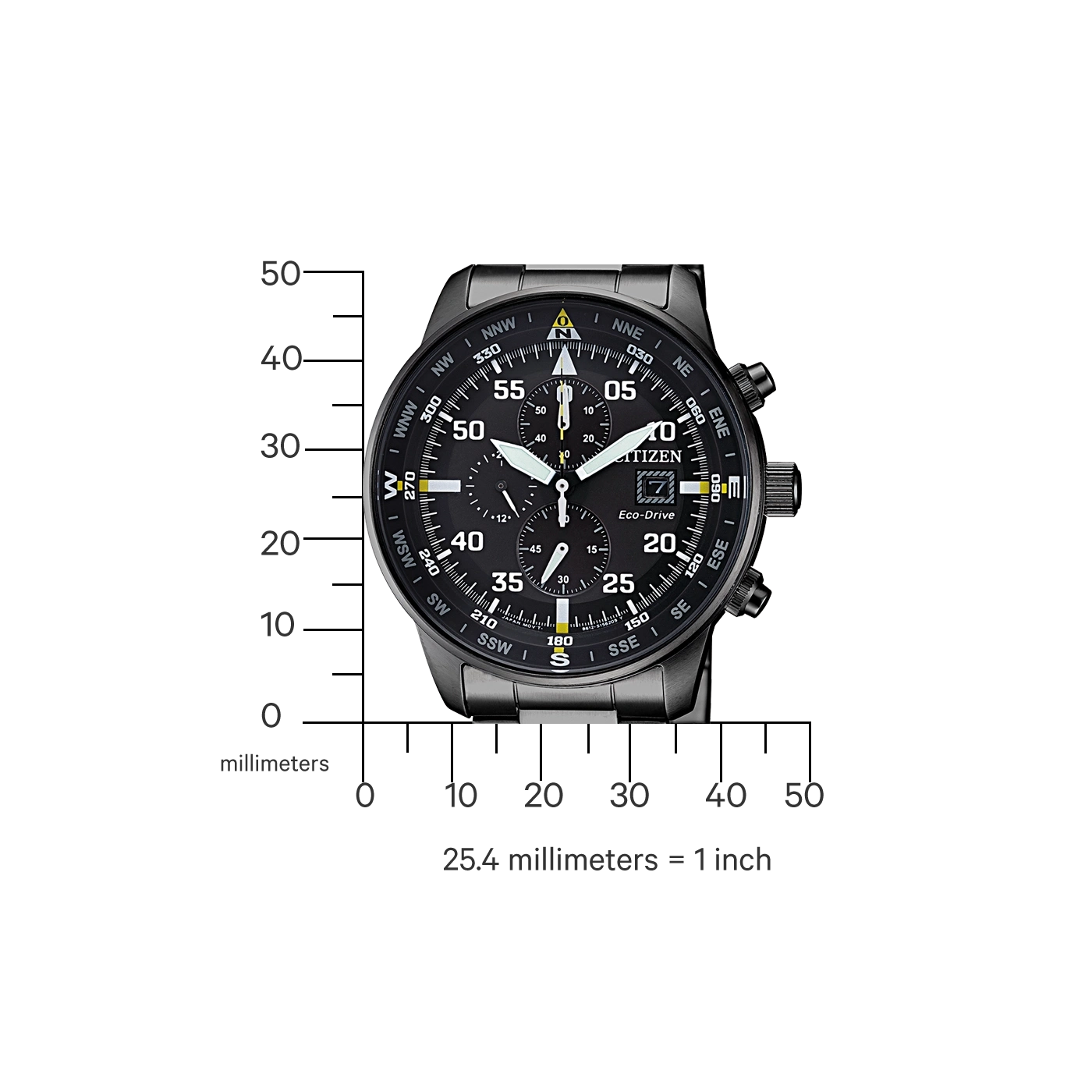 Schwarze Citizen-Uhr mit Kompass und Chronographenfunktionen, Eco-Drive-Technologie.