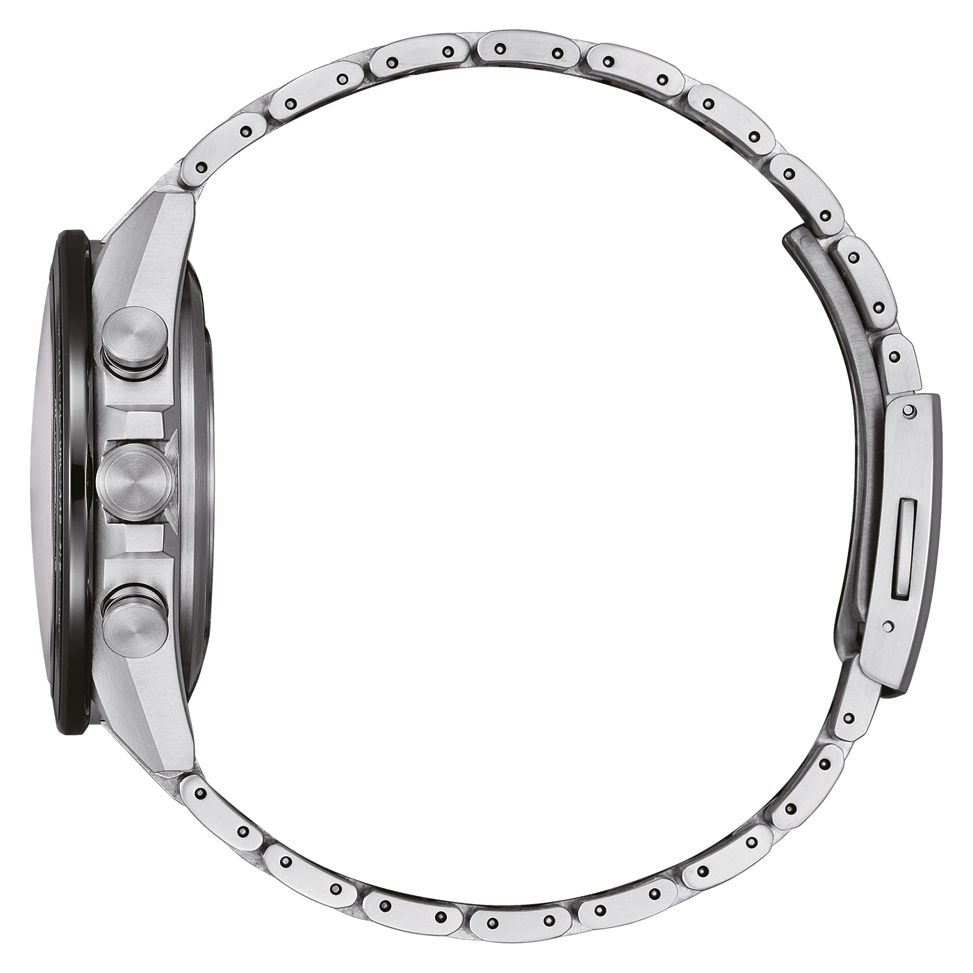 Seitenansicht einer silbernen Uhr mit Metallarmband und Chronographenknöpfen.