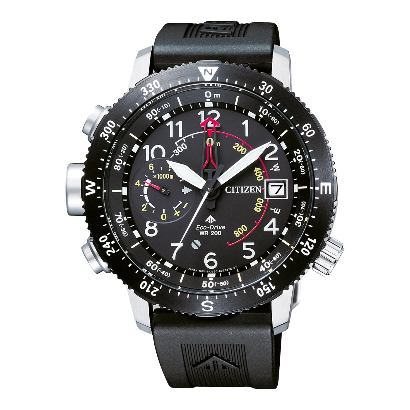 Schwarze Citizen-Uhr mit Kompass, Datum und Tiefenmesser, ideal zum Tauchen.