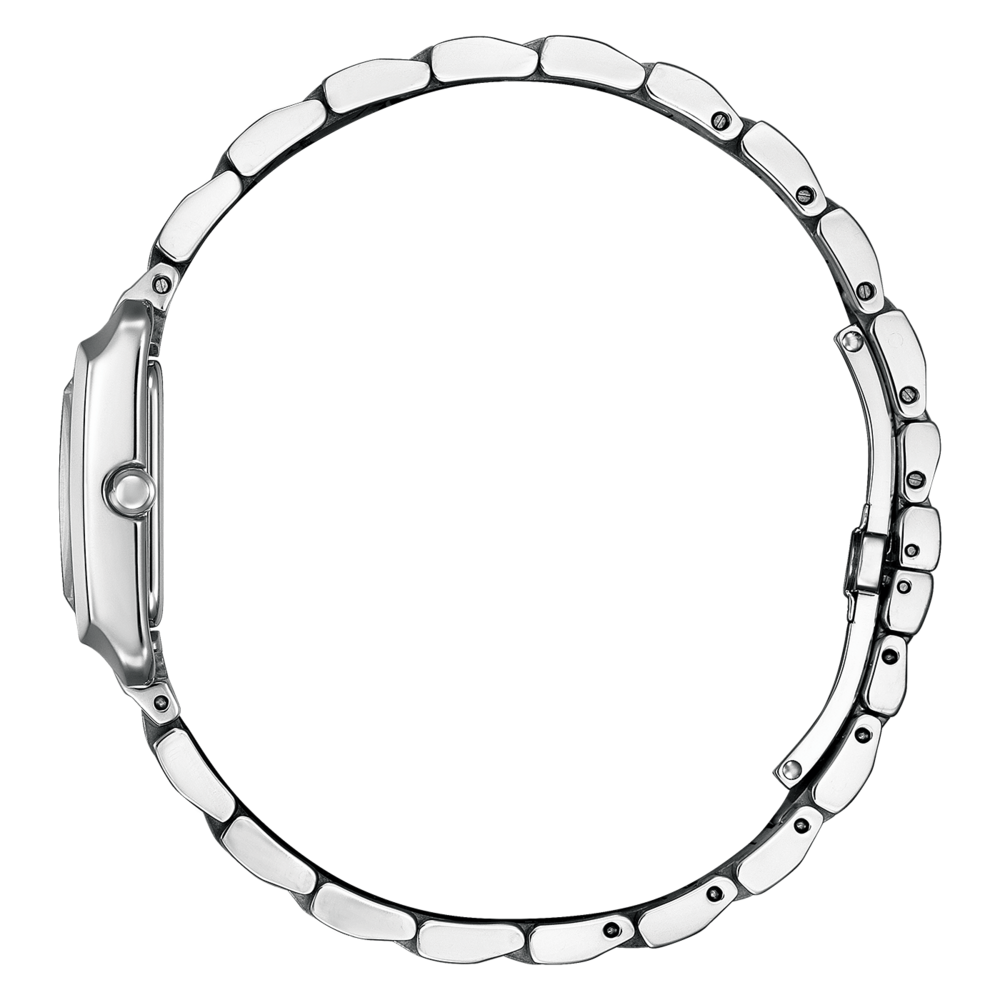 Seitenansicht einer silbernen Armbanduhr mit Metallband, elegantes Design.