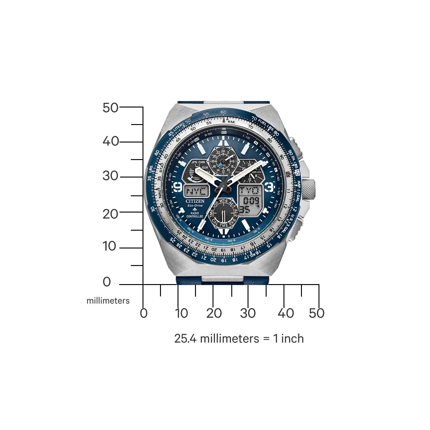 Citizen-Uhr mit blauem Zifferblatt und silbernem Gehäuse, zeigt Zeit und Datum.