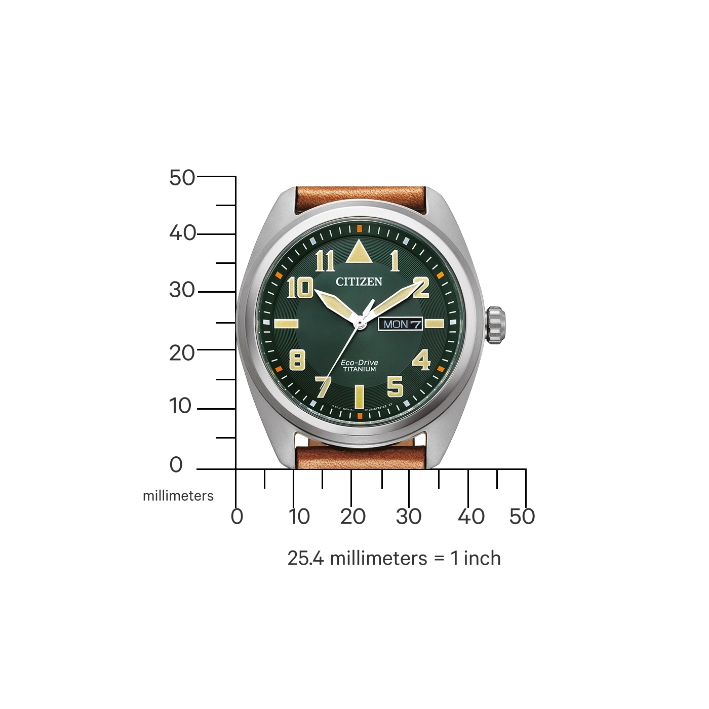 Citizen-Uhr mit grünem Zifferblatt, braunem Lederarmband und Titangehäuse. Eco-Drive.