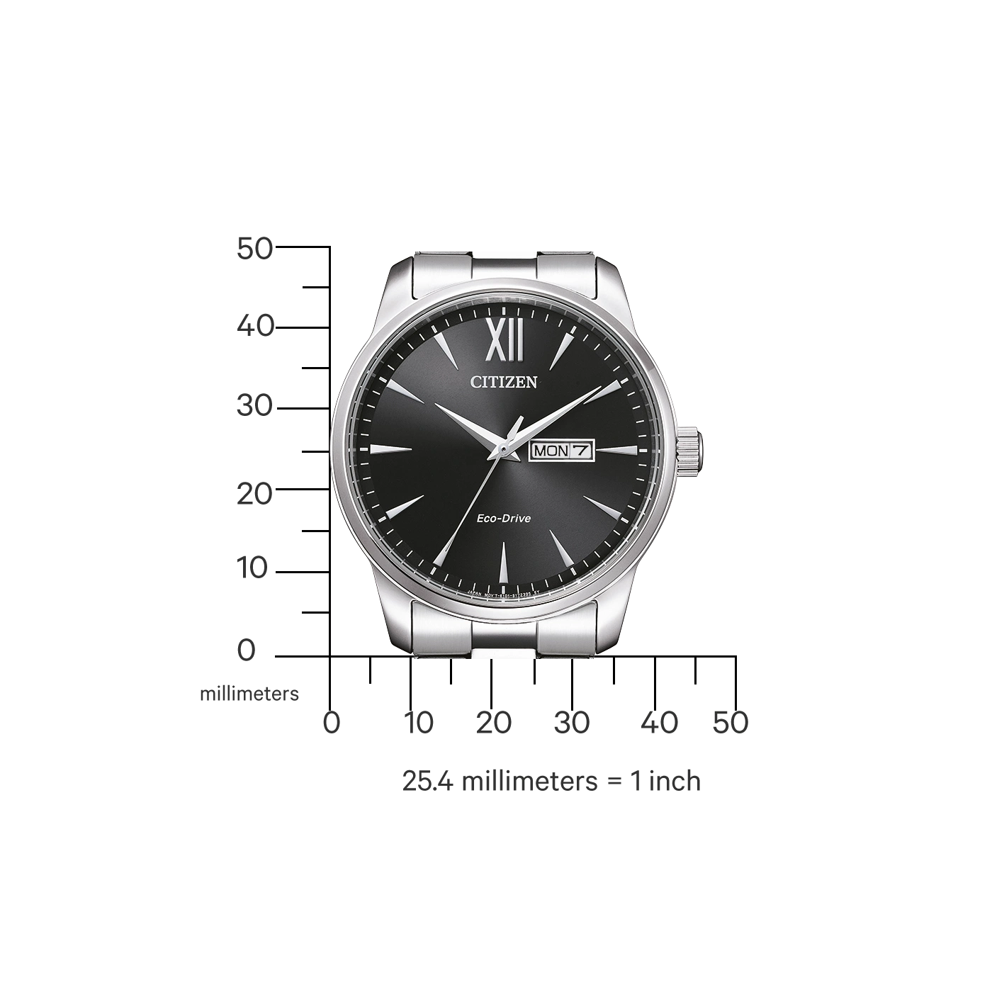 Citizen-Uhr mit schwarzem Zifferblatt, silbernem Armband und Tages-/Datumsanzeige.