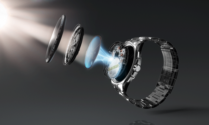 Explosionsansicht einer Uhr, die ihre inneren Komponenten und ihr Design zeigt.