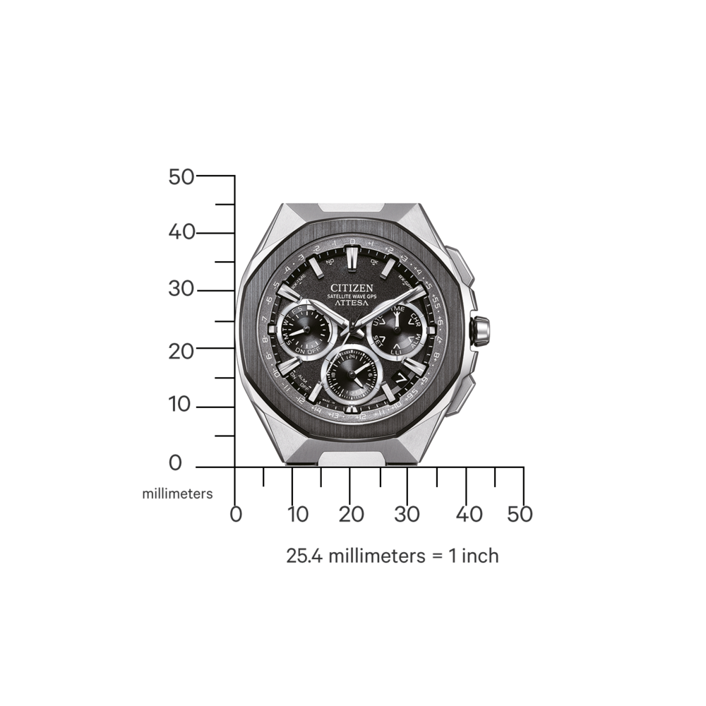 Citizen Attesa Uhr mit Skala, die Millimeter und Zoll zum Größenvergleich zeigt.