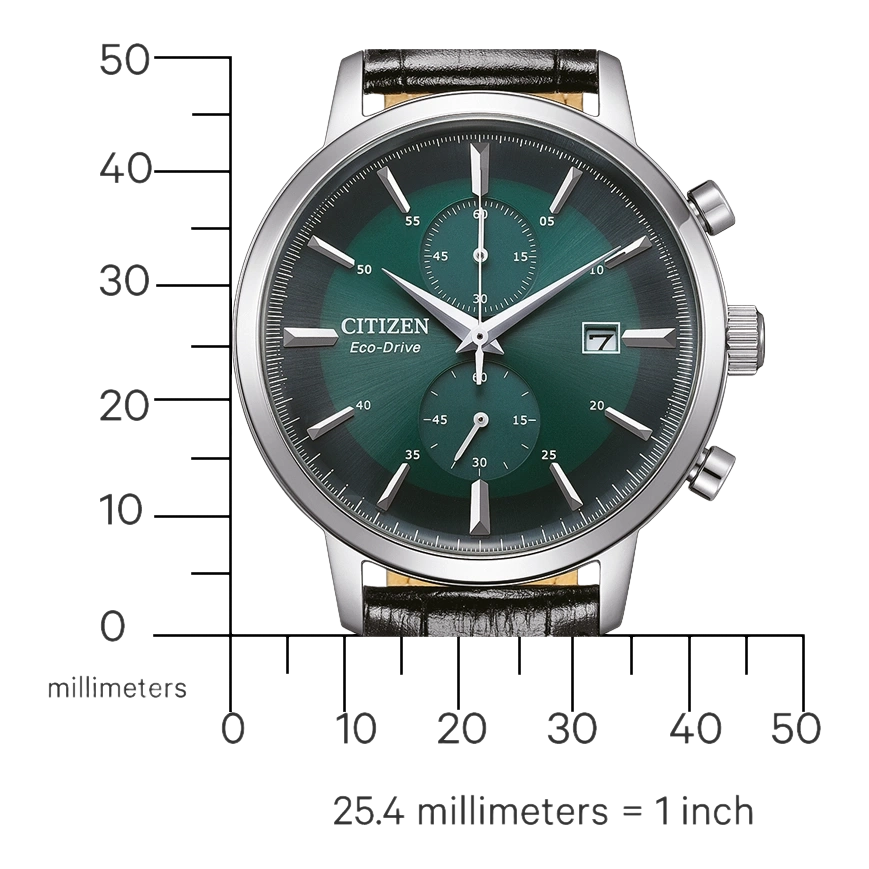 Citizen Eco-Drive Uhr mit grünem Zifferblatt und schwarzem Lederarmband, silbernes Gehäuse.