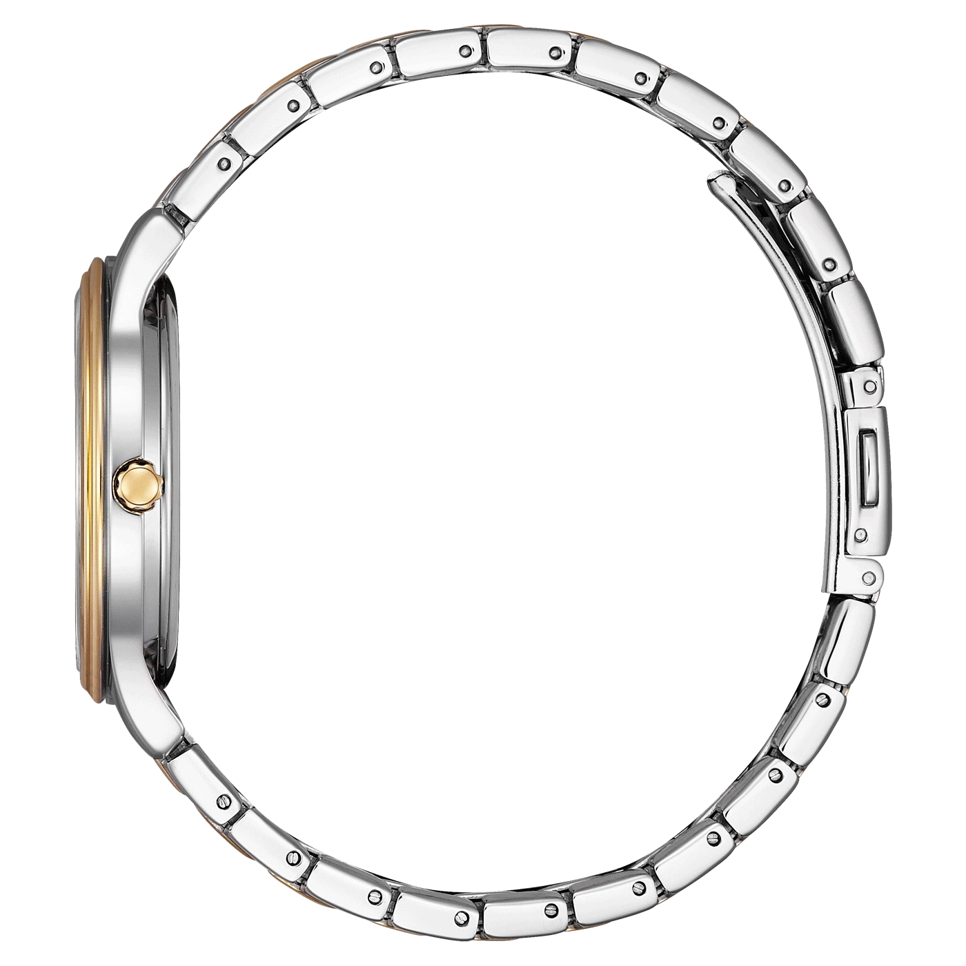 Seitenansicht einer silber-goldenen Armbanduhr mit Metallarmband.