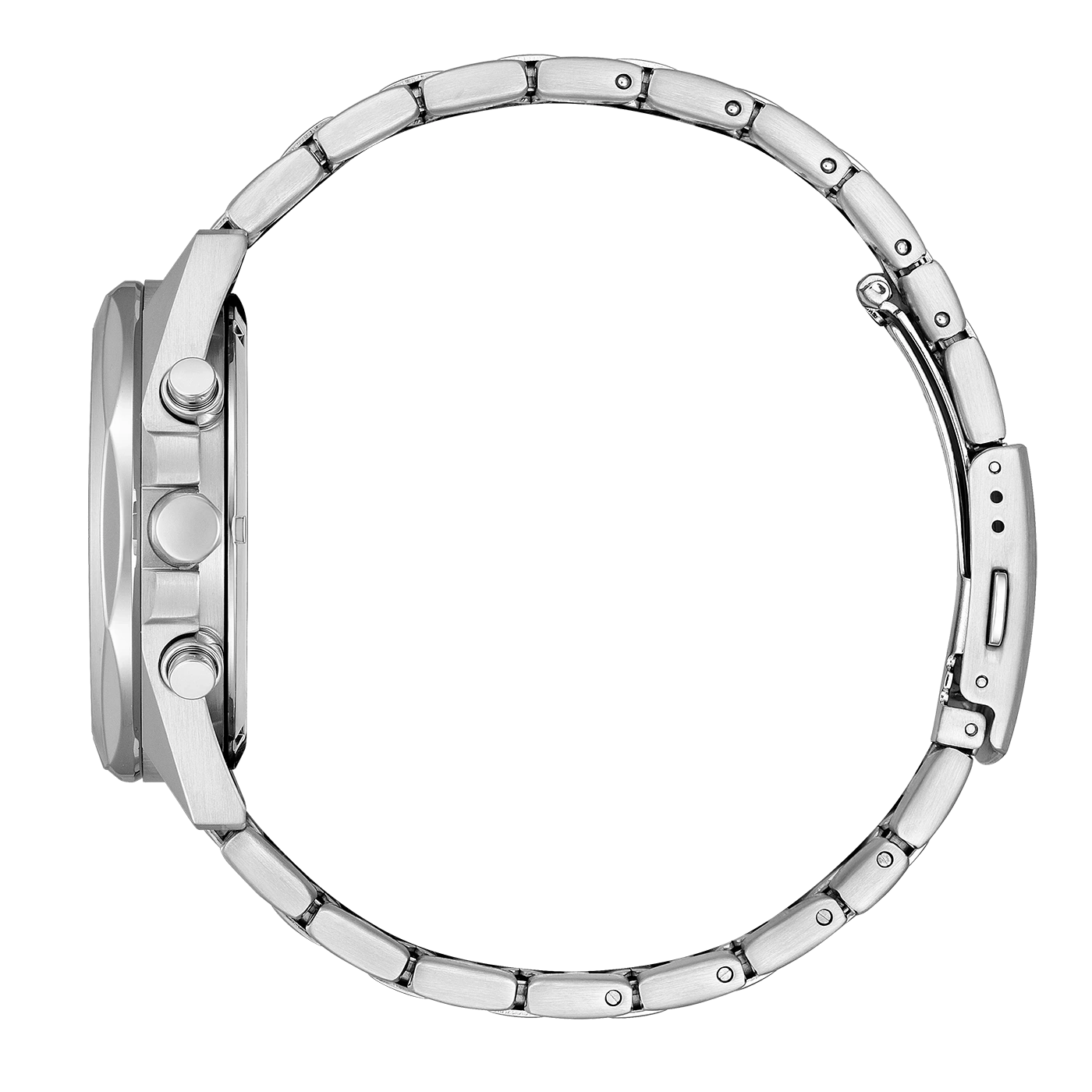 Silberne Uhr Seitenansicht, Edelstahlarmband, Chronographentasten, elegantes Design