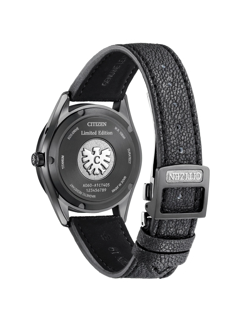 Citizen-Uhr, Rückseite, Titan, limitierte Auflage, Lederarmband, schwarz, japanisch