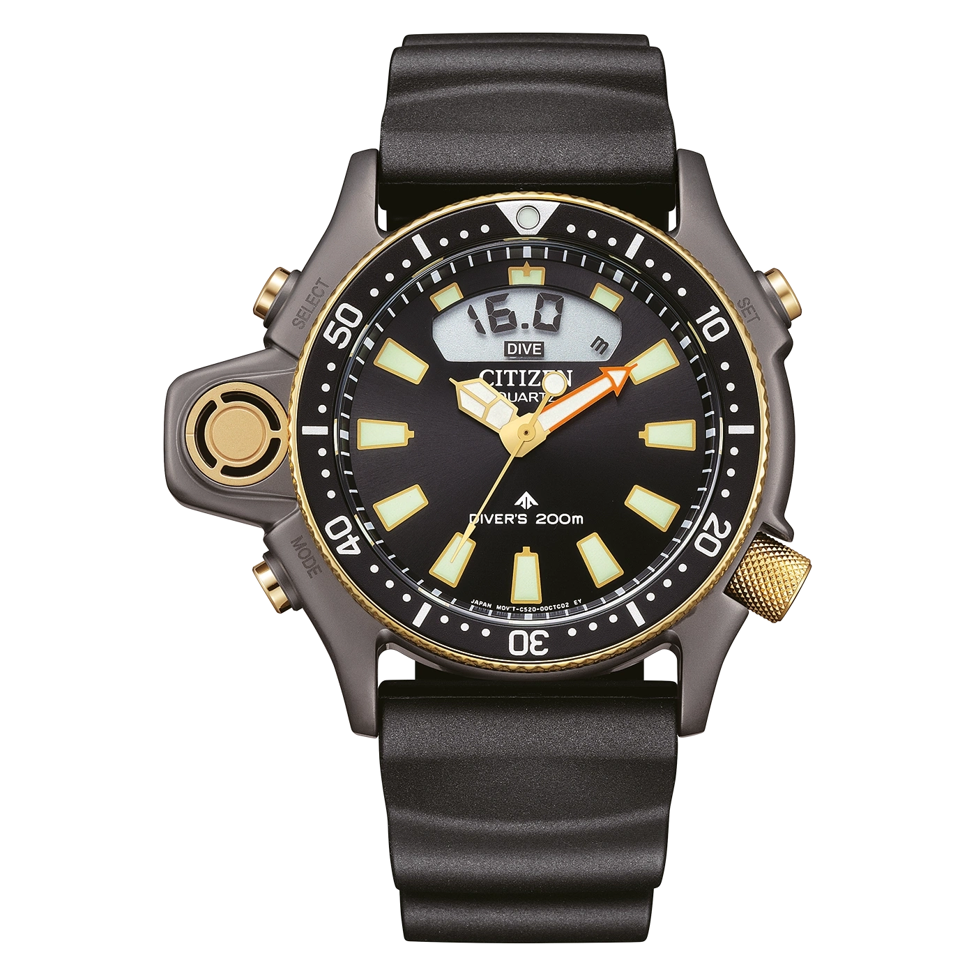 Schwarze Citizen Taucheruhr mit goldenen Akzenten und digitaler Anzeige.