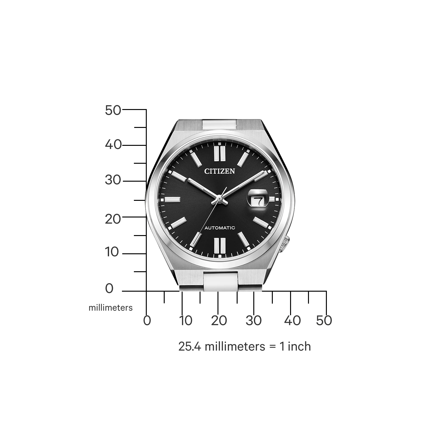 Citizen-Uhr mit schwarzem Zifferblatt, Automatik und silbernem Armband. Maßstab enthalten.