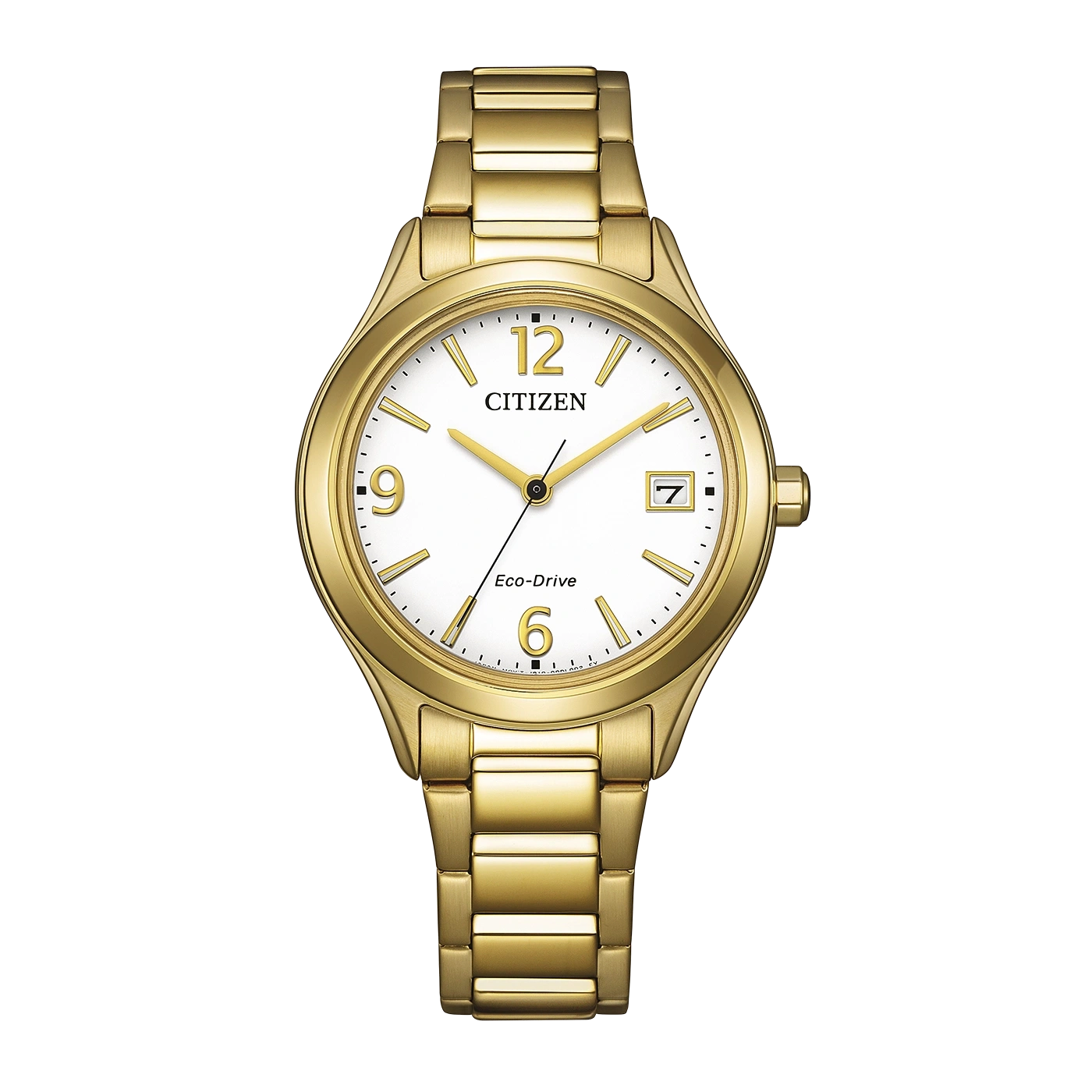 Eine goldene Citizen Eco-Drive Uhr mit weißem Zifferblatt und Datumsanzeige.