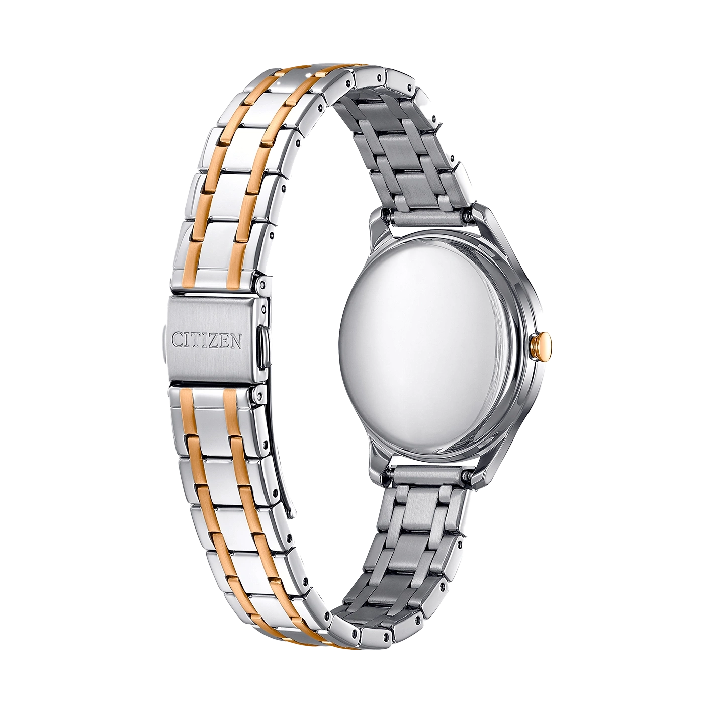 Citizen-Uhr, Rückseite, silbernes und goldenes Armband, Nahaufnahme, elegantes Design, Luxus