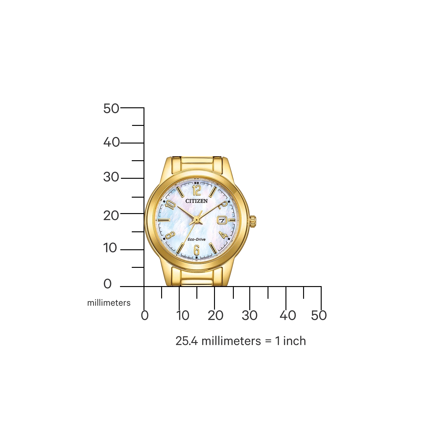 Goldene Citizen-Uhr mit weißem Zifferblatt, Messung in Millimetern mit einem Lineal.
