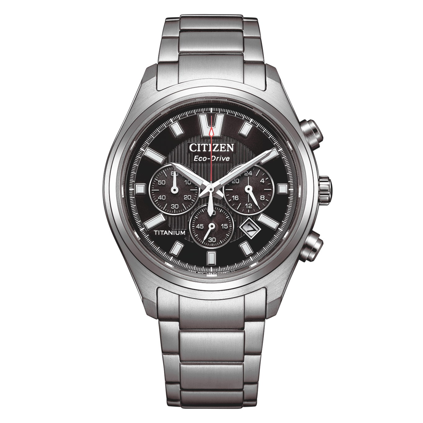 Eine Citizen Eco-Drive Chronograph-Uhr aus Titan mit schwarzem Zifferblatt.