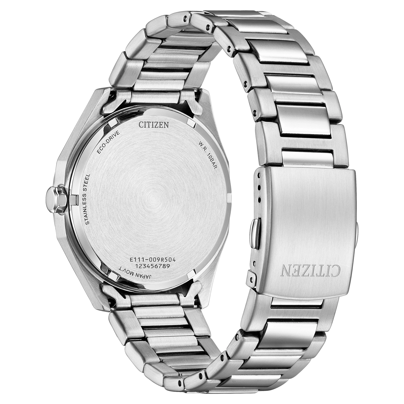 Citizen-Uhrenrückseite, Edelstahl, Eco-Drive, Japan-Uhrwerk, W.R. 10BAR