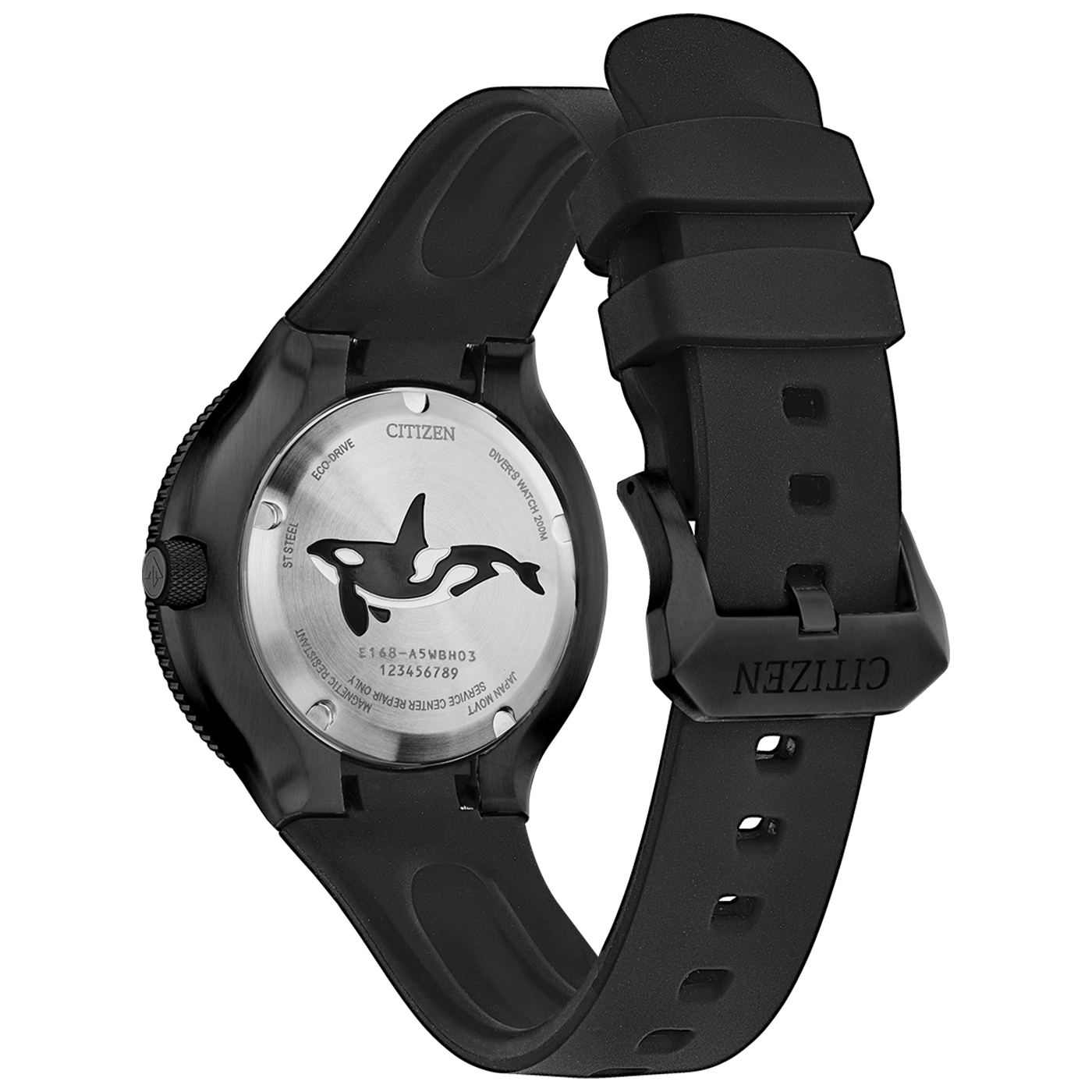 Citizen-Uhr mit schwarzem Armband und Orca-Design auf der Rückseite.