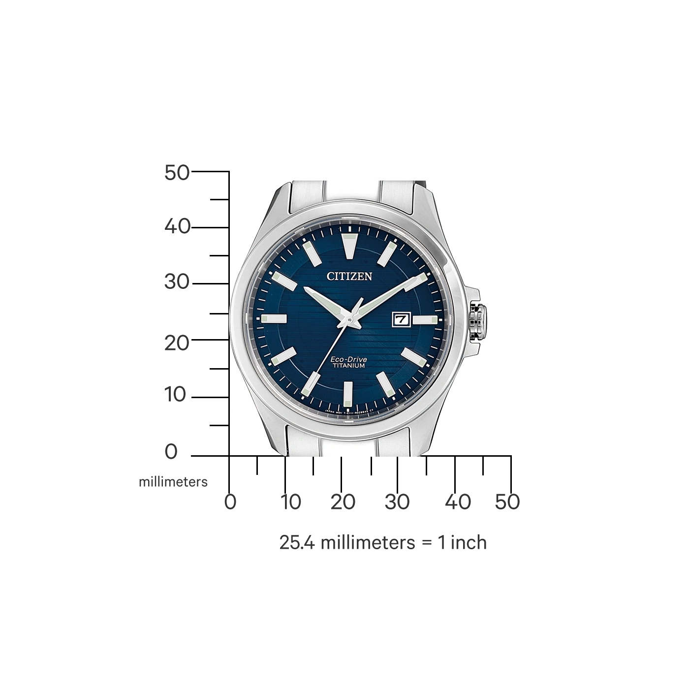 Citizen-Uhr mit blauem Zifferblatt, Titan, Eco-Drive und Datumsanzeige.