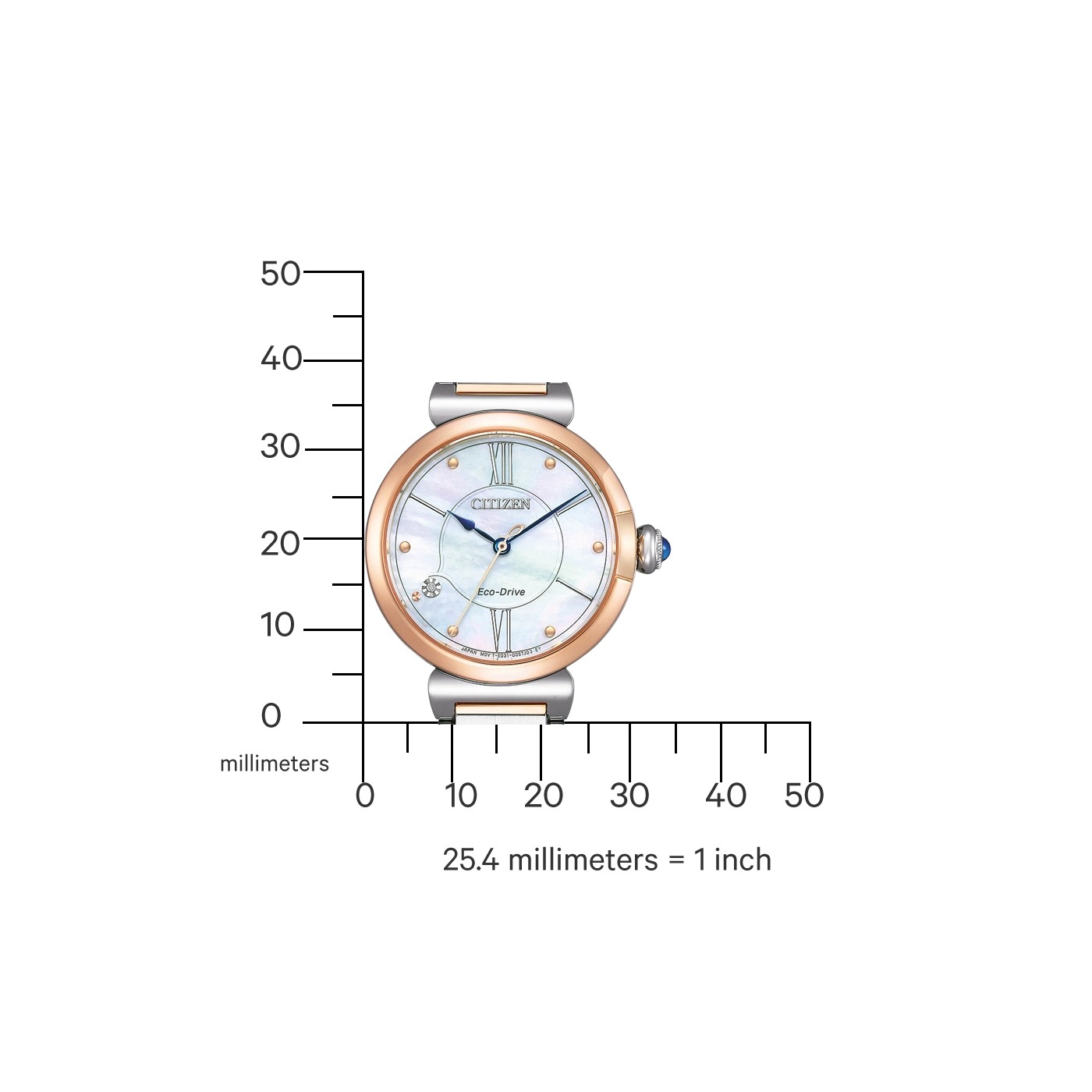 Citizen-Uhr mit weißem Zifferblatt und roségoldfarbenen Akzenten, Eco-Drive.