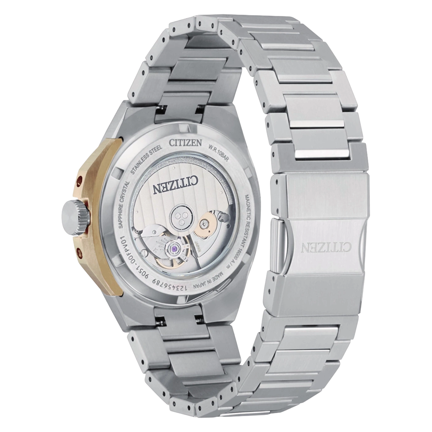Rückseite einer Citizen-Uhr mit sichtbarem Uhrwerk und Metallarmband.