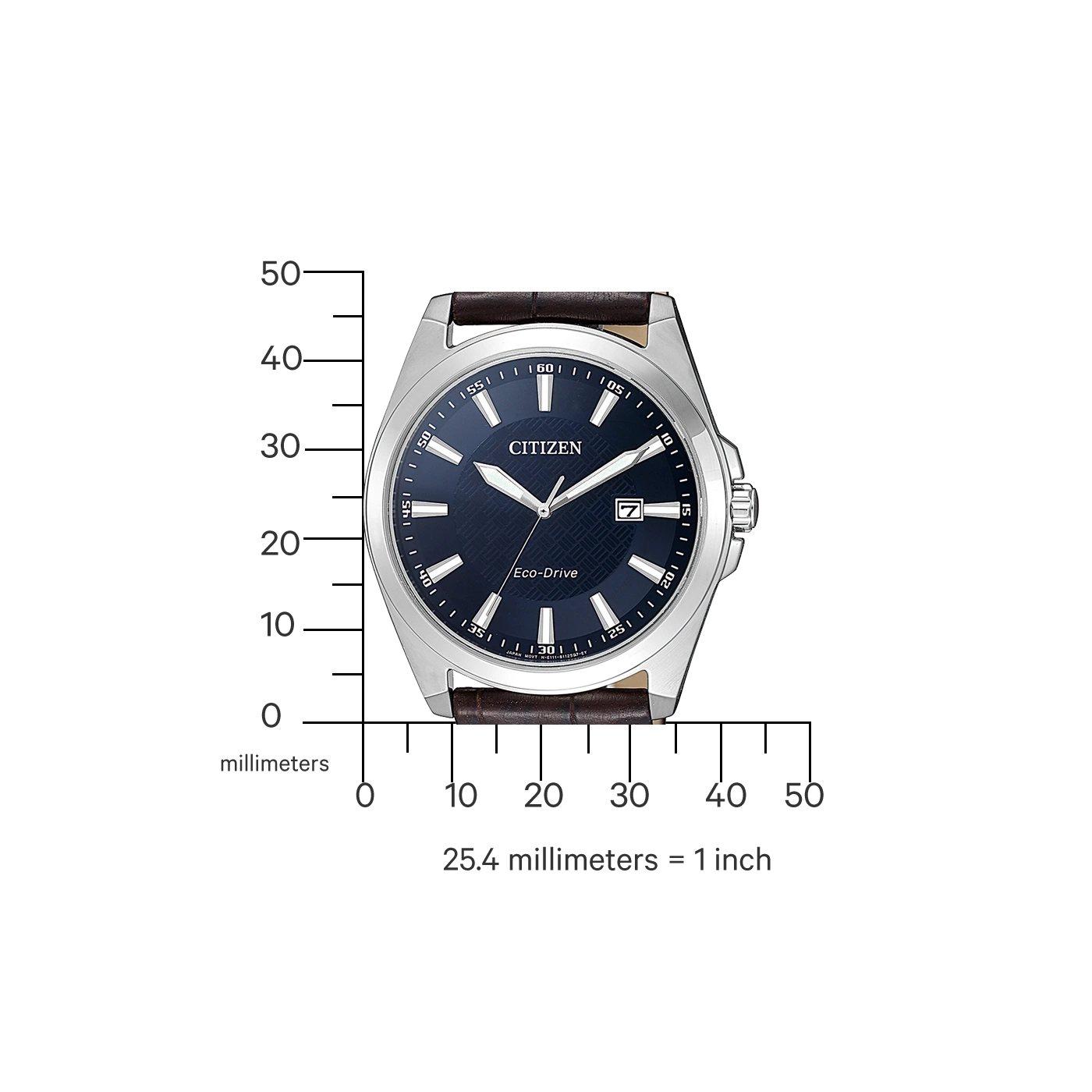 Citizen-Uhr mit dunkelblauem Zifferblatt und braunem Lederarmband, mit Messungen.