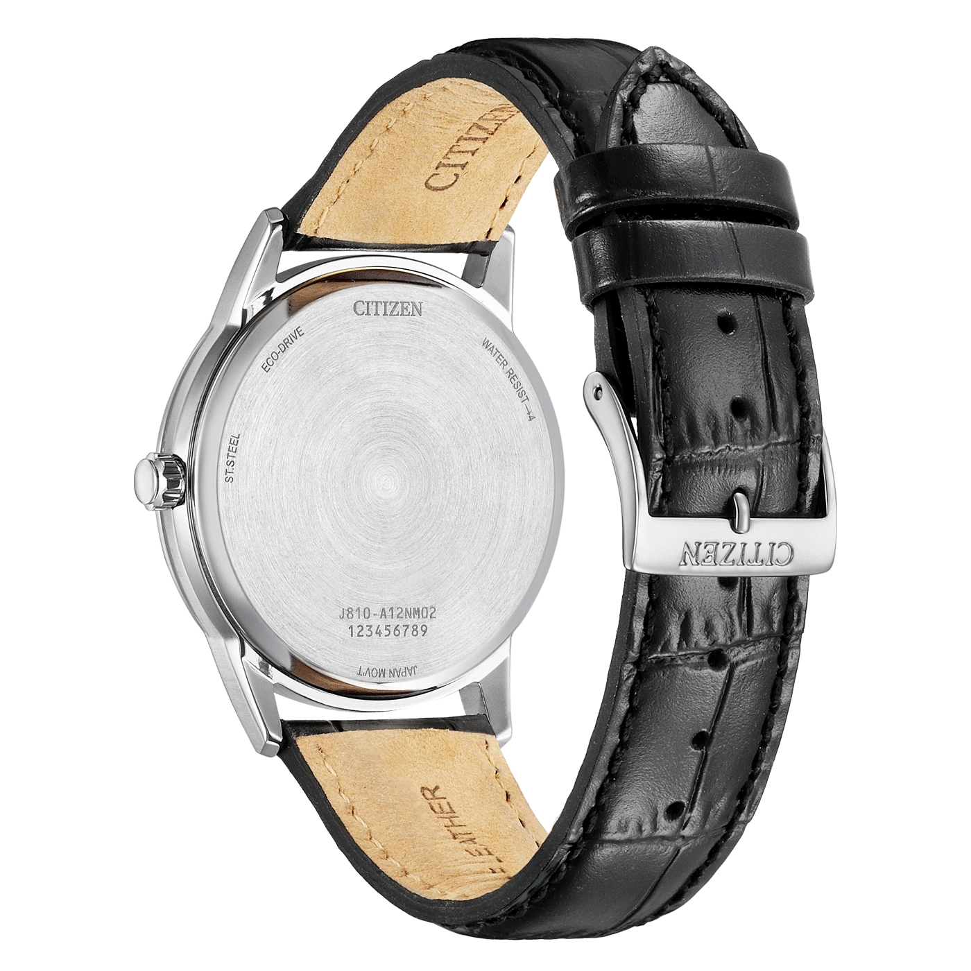 Citizen-Uhr, Lederarmband, Edelstahl, Eco-Drive, wasserdicht, Japan, Rückseite
