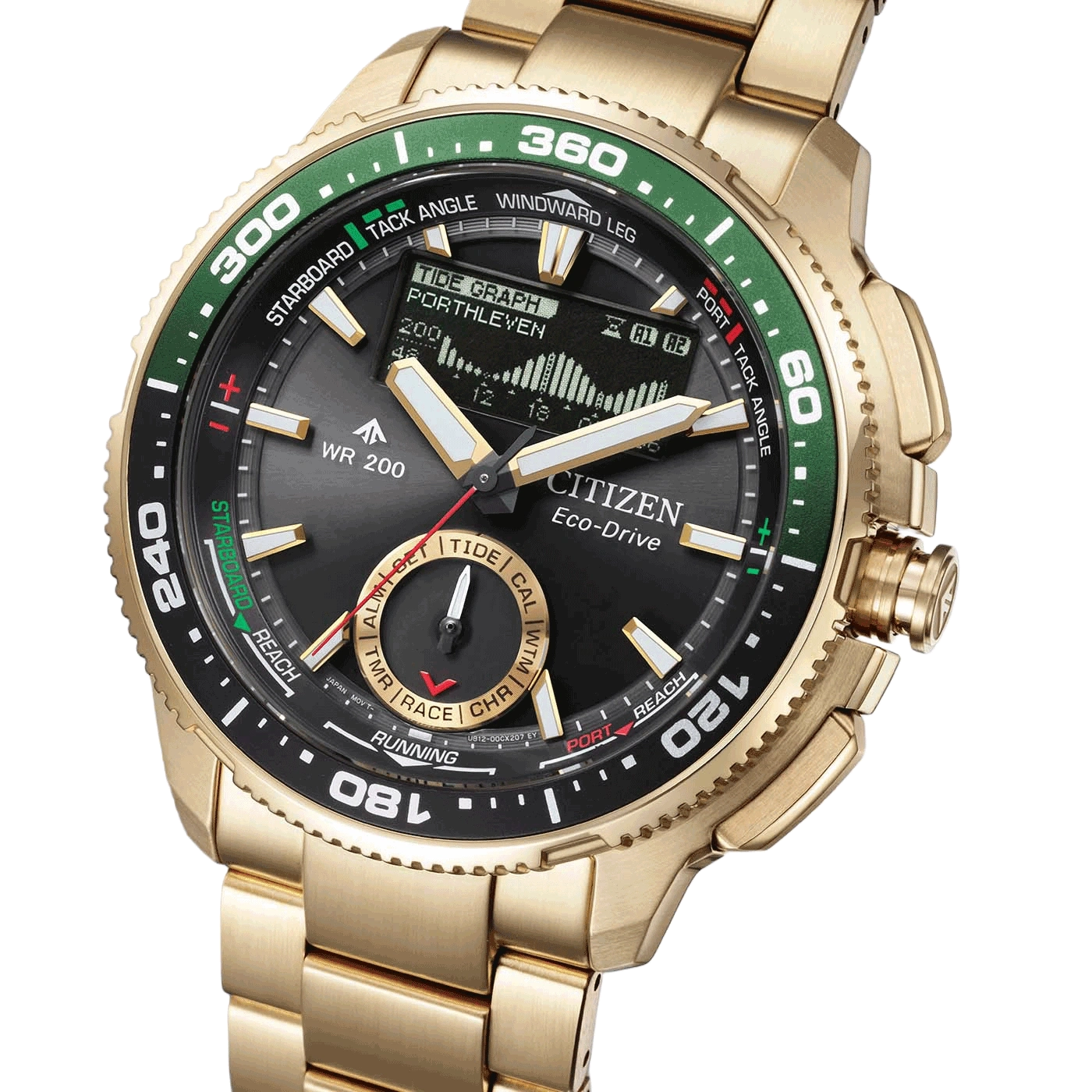 Eine goldene Citizen Eco-Drive Uhr mit schwarzem Zifferblatt und grüner Lünette, mit Gezeitengraphenanzeige.