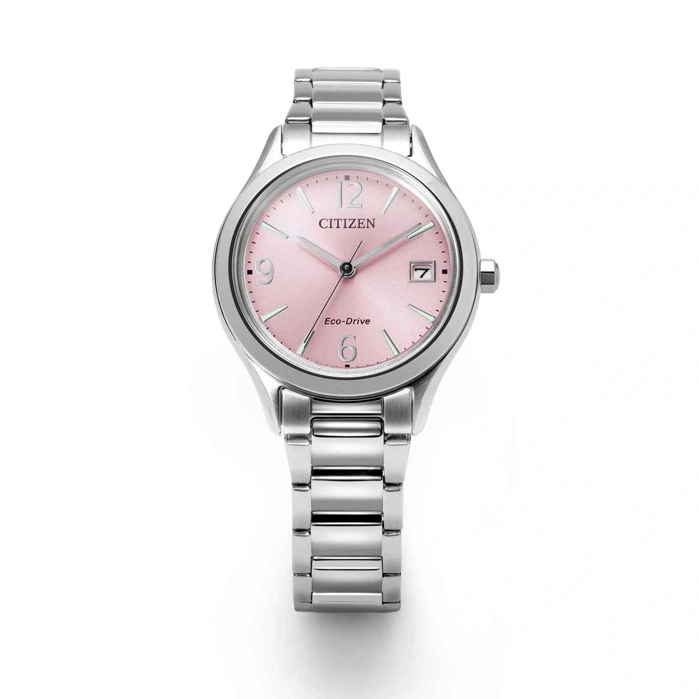 Eine silberne Citizen Eco-Drive Uhr mit pinkem Zifferblatt und silbernem Armband.