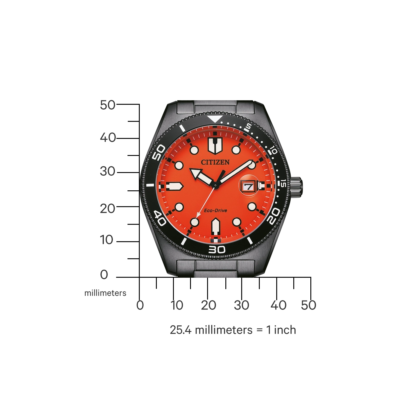 Citizen-Uhr mit orangefarbenem Zifferblatt, schwarzer Lünette und grauem Armband. Eco-Drive.