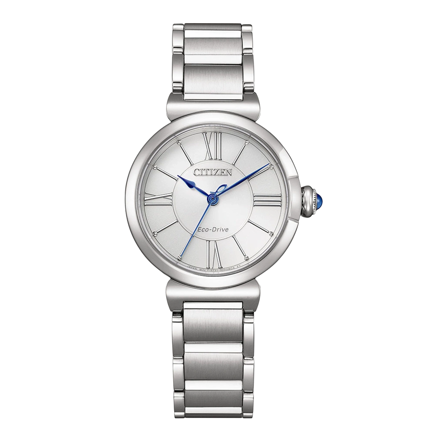 Eine silberne Citizen Eco-Drive Uhr mit römischen Ziffern und blauen Zeigern.