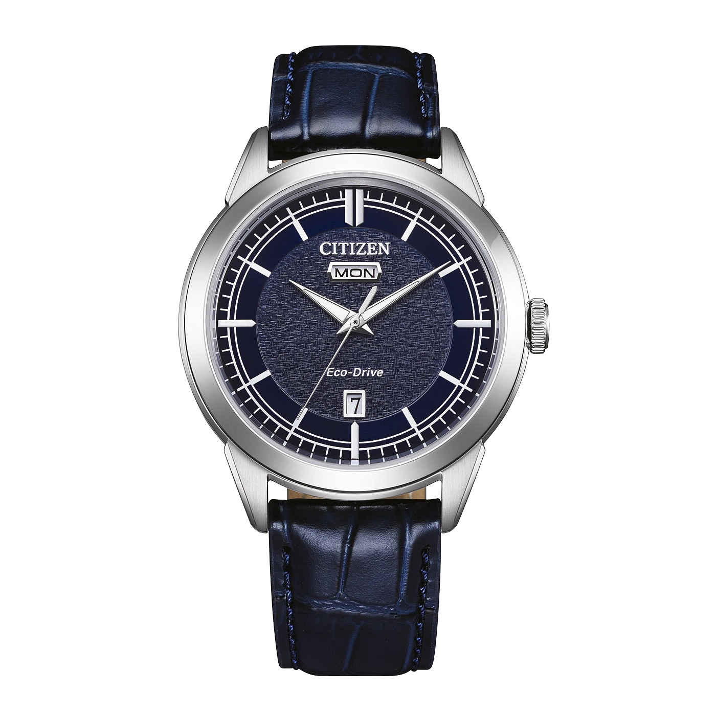 Eine blaue Citizen Eco-Drive Uhr mit Lederarmband.