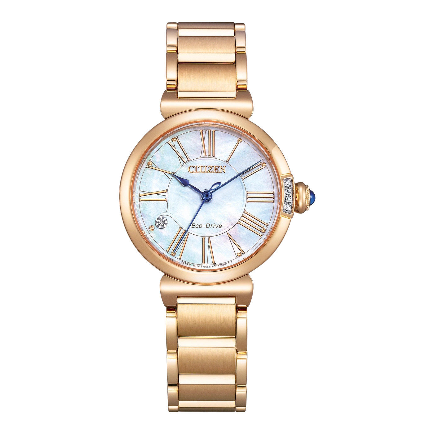 Goldene Citizen Eco-Drive Uhr mit römischen Ziffern und Perlmutt-Zifferblatt.