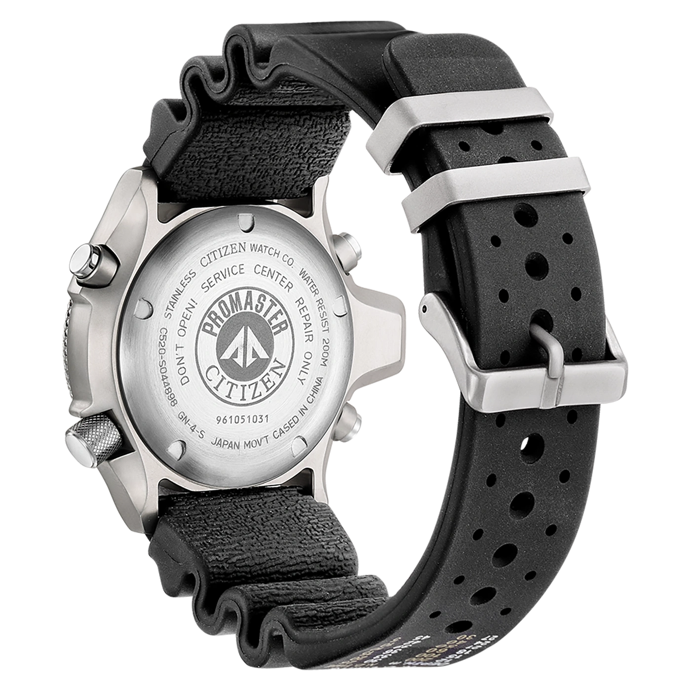 Citizen Promaster Uhr Rückseite mit Text und Armband Details.