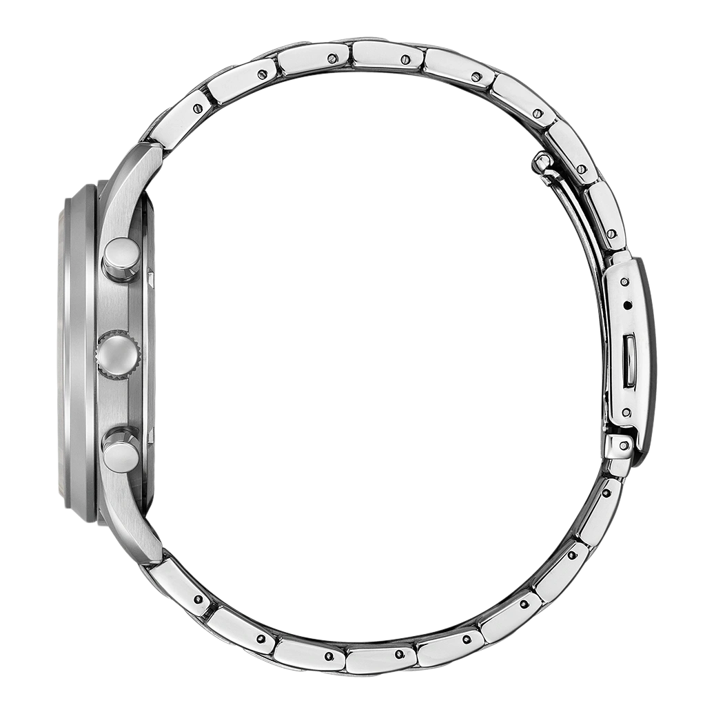 Seitenansicht einer silbernen Armbanduhr mit Metallband und Knöpfen.