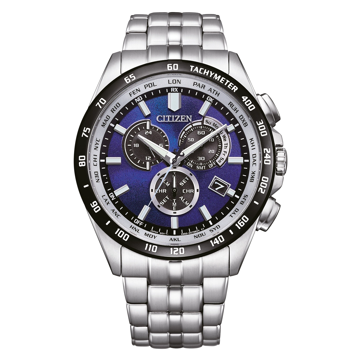 Citizen-Uhr mit blauem Zifferblatt, silbernem Armband und Chronographenfunktionen.
