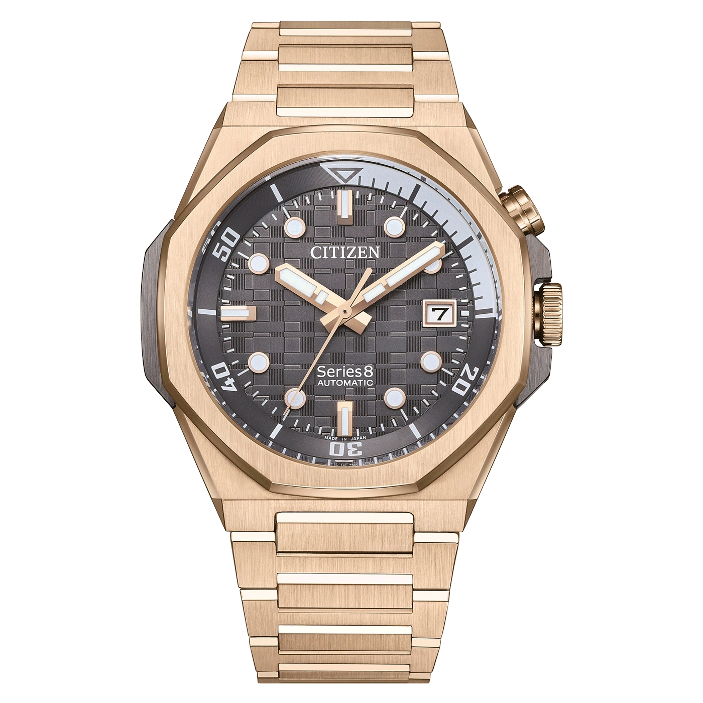 Goldene Citizen Series 8 Automatik-Uhr mit schwarzem Zifferblatt und Datumsanzeige.
