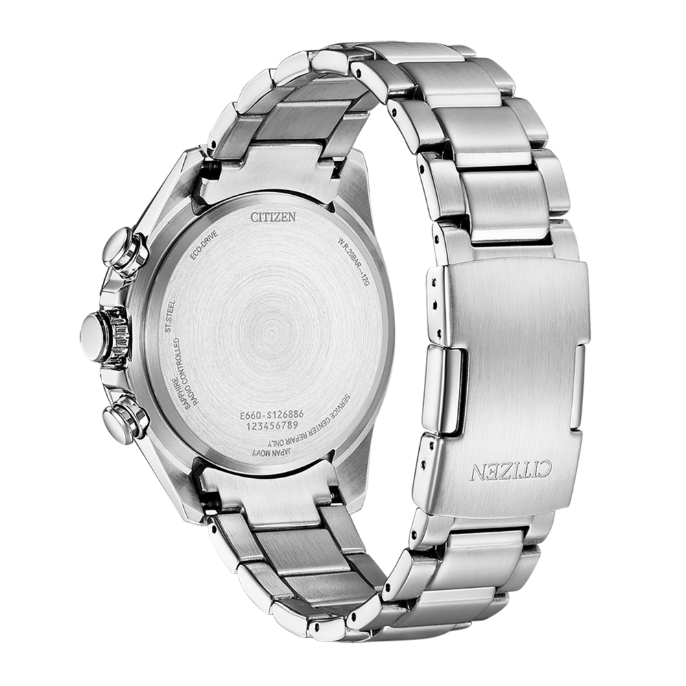 Citizen-Uhrrückseite mit Details: Eco-Drive, Saphir und Japan Movt.