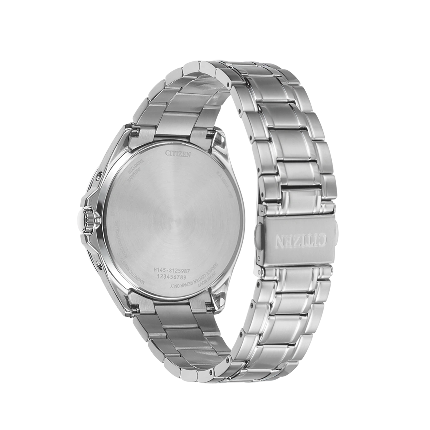 Citizen-Uhr, Edelstahl, Eco-Drive, Saphirglas, wasserdicht, Japan, Rückseite