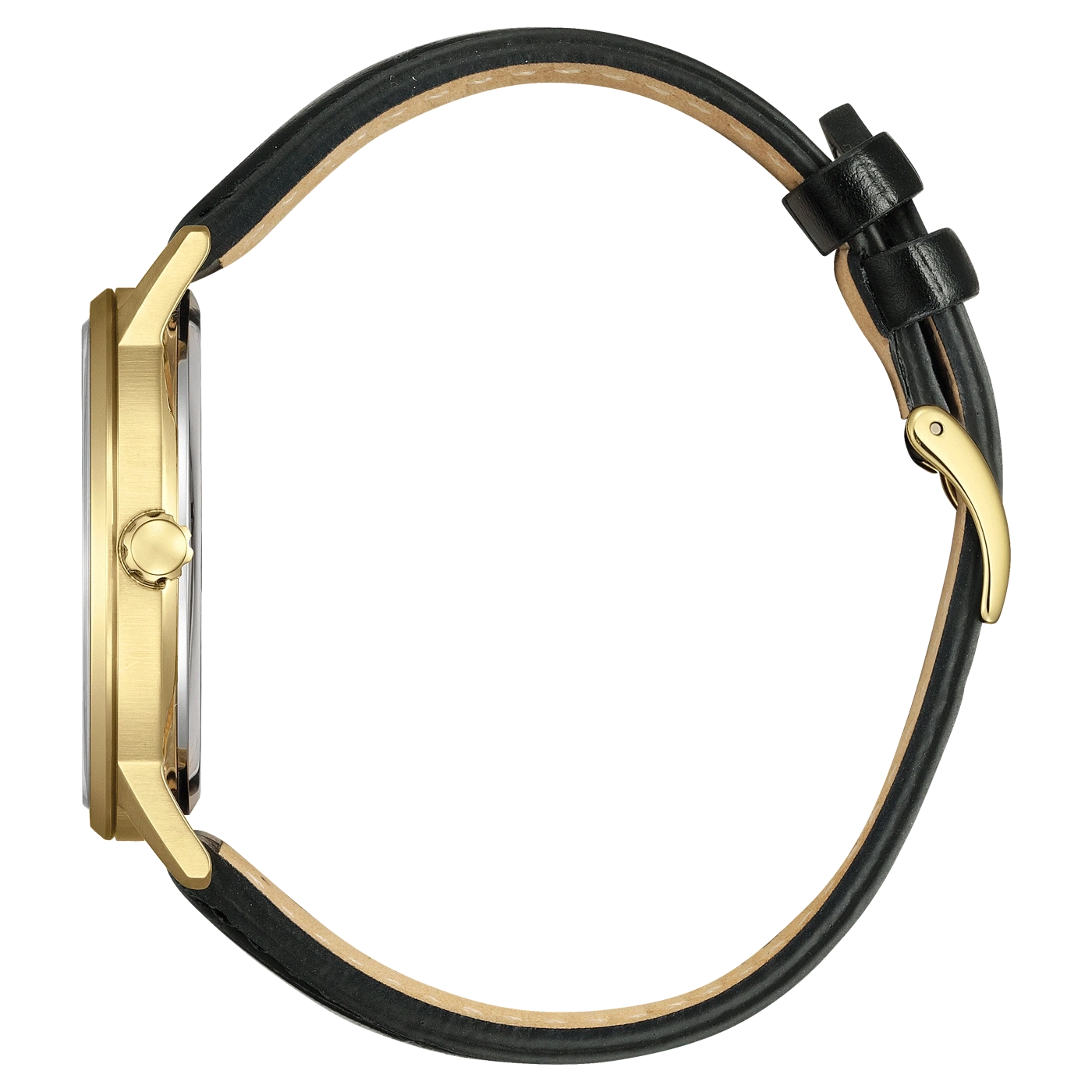 Goldene Uhr mit schwarzem Lederarmband, Seitenansicht, elegantes Design