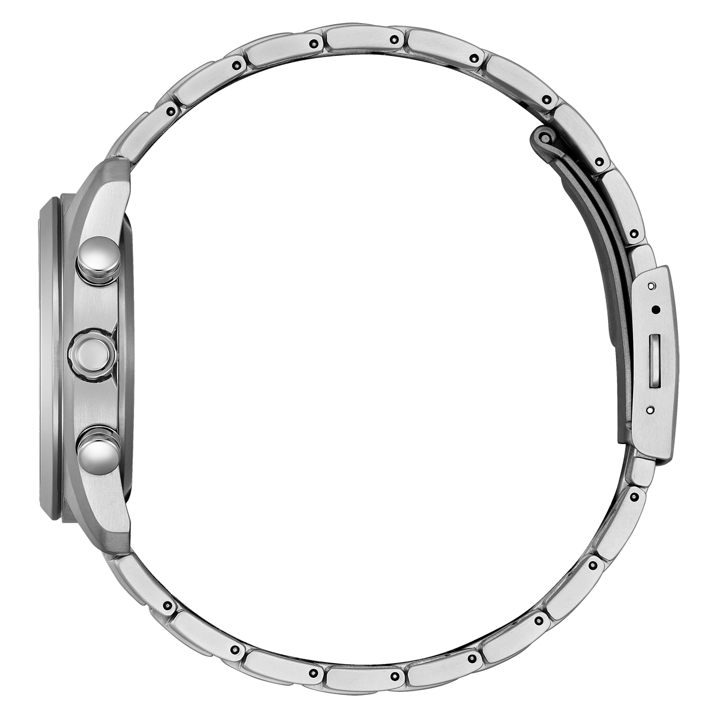 Seitenansicht einer silbernen Uhr mit Metallarmband und Knöpfen.