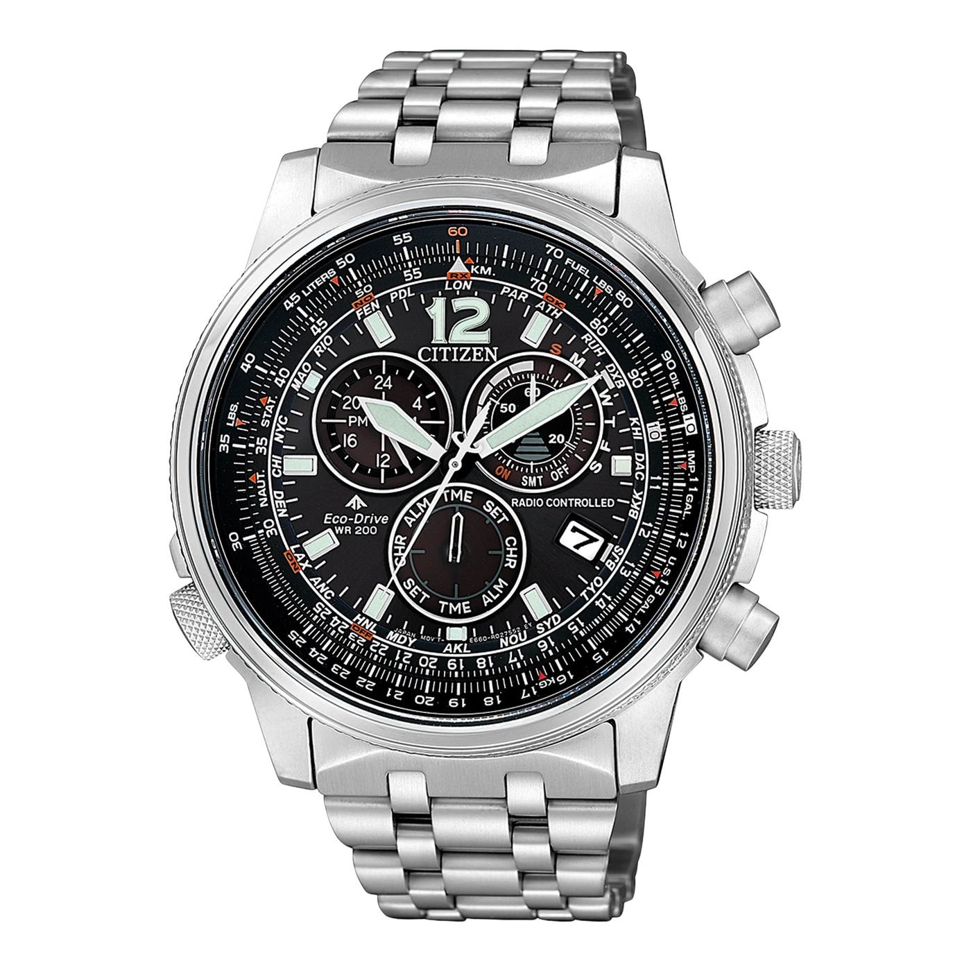 Citizen-Uhr mit schwarzem Zifferblatt, silbernem Armband und mehreren Hilfszifferblättern.